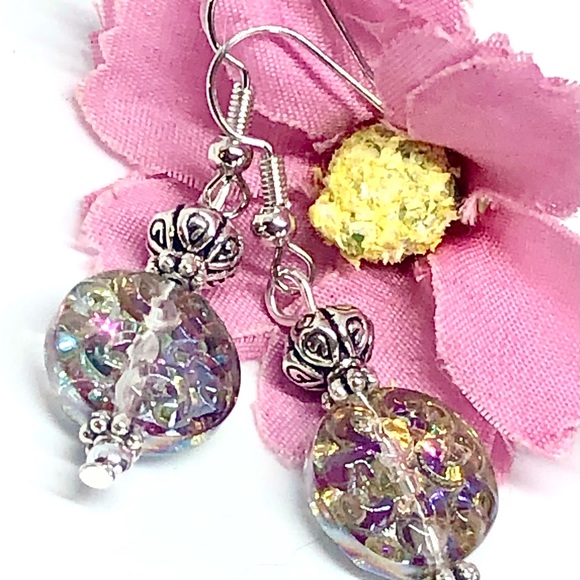 AB Rose Pink Green Luster Round Swirl Glass Coin Disk Bali Style Dangle Earrings - Picture 1 of 5